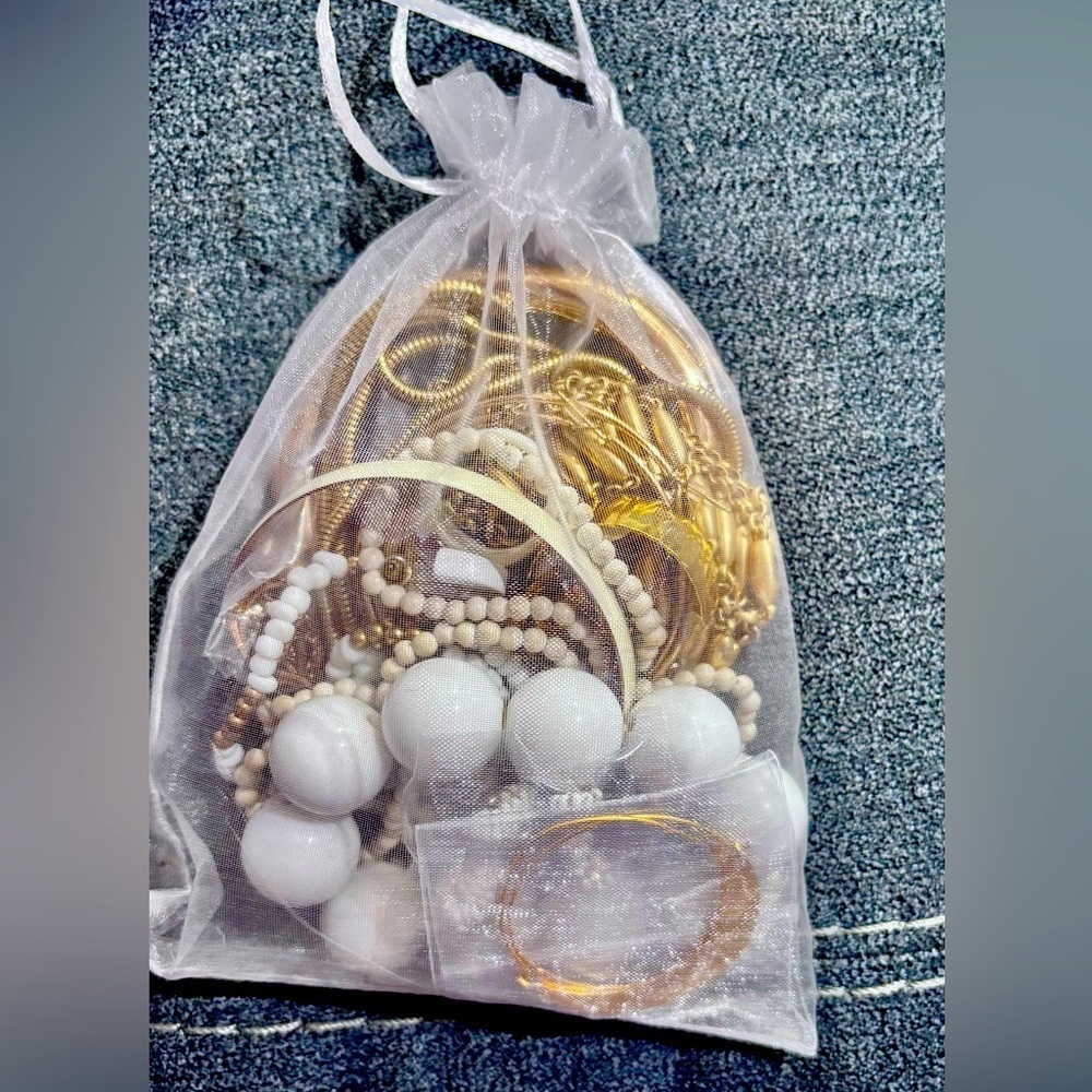 Gold and white tone Mystery Jewelry bag Vintage & Modern Costume Jewelry
